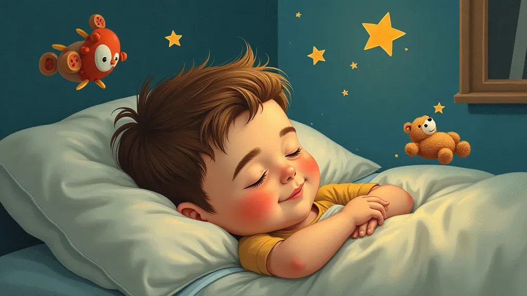 Ben sleeping peacefully in his bed, surrounded by floating dream objects.