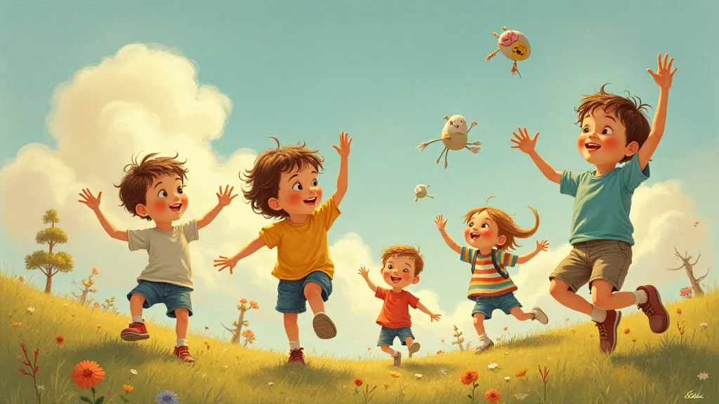 Ben and a group of children laughing and playing in a dream landscape of giant toys and floating objects.