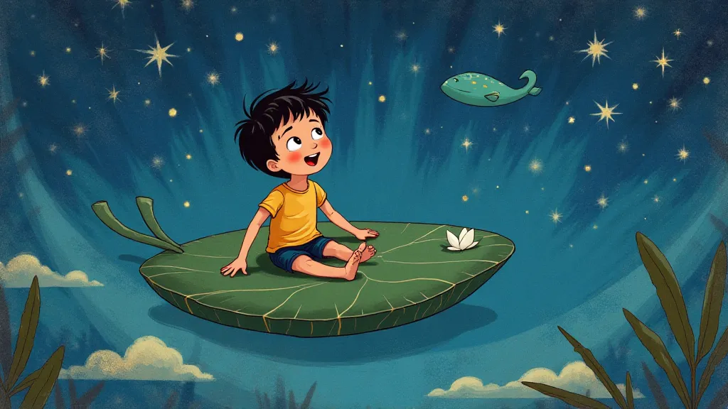 Ben flying through a starry night sky on a giant lily pad.