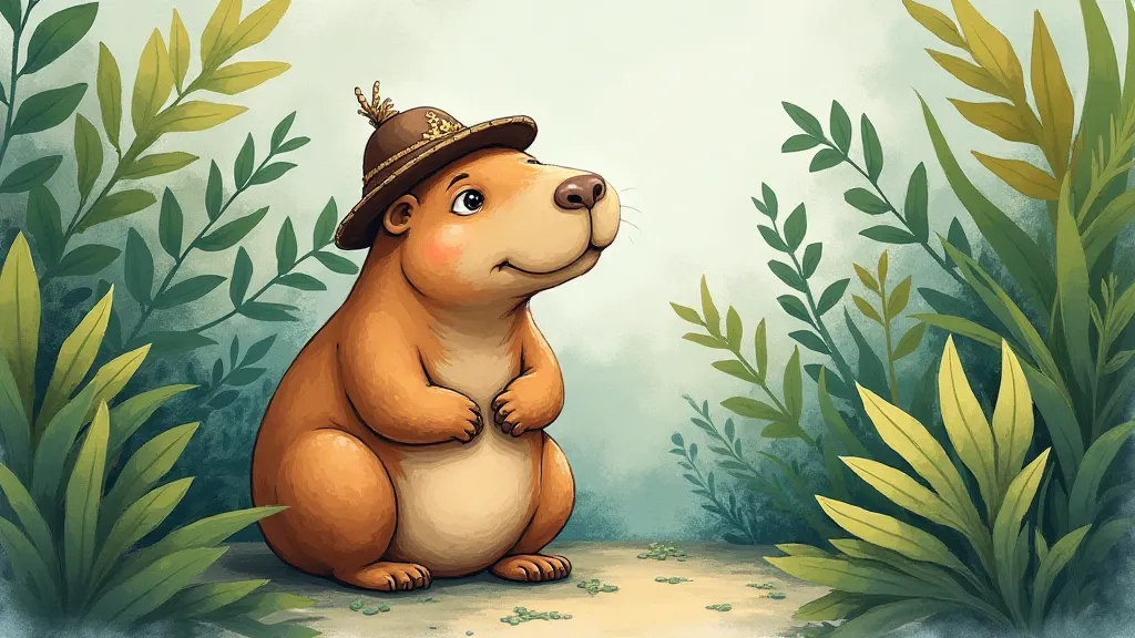 Capybara wearing a hat in foliage.