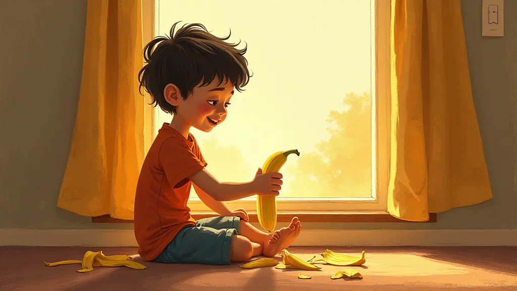 A young boy happily peeling a banana, sunlight streaming through a window. A cozy and comforting illustration.