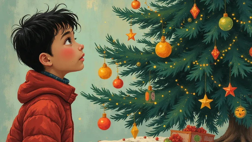 A young boy excitedly looking at a brightly decorated Christmas tree. A warm and festive scene.