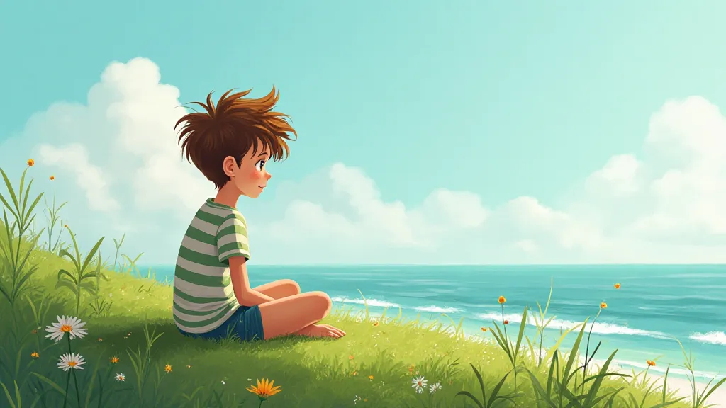 A young boy sitting on a small island, looking out at the sea with a thoughtful expression.
