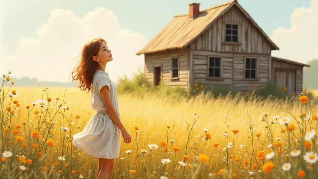 A girl in a field of wildflowers looking at a farmhouse.