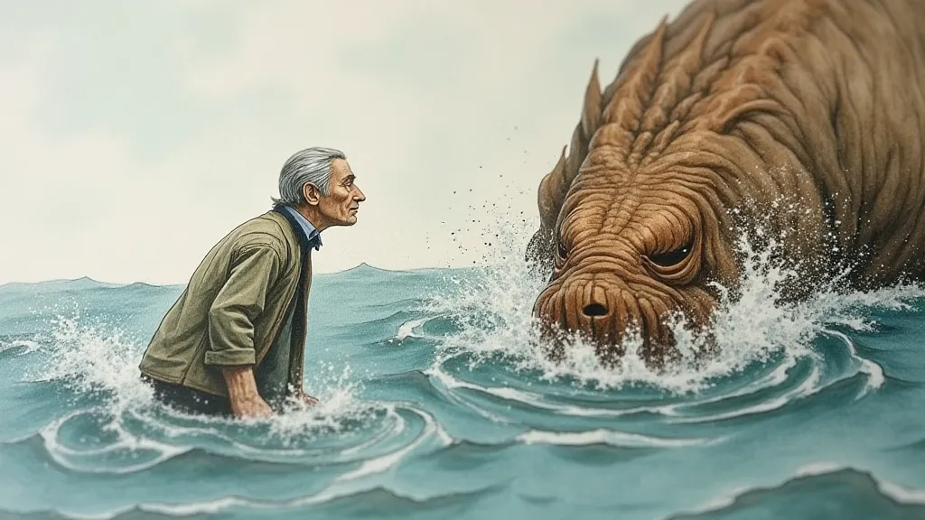 Old man approaching a sea creature