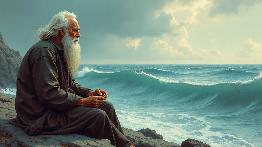 Old man sitting on a rocky shore gazing at the ocean