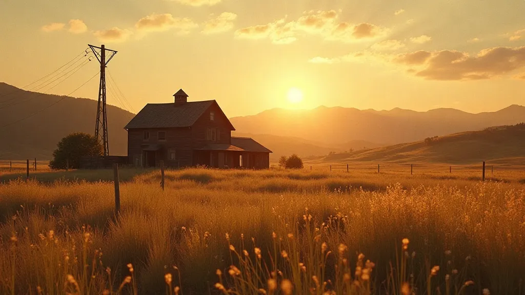 A rustic pioneer farmhouse nestled in a field of tall grass, bathed in golden sunlight.