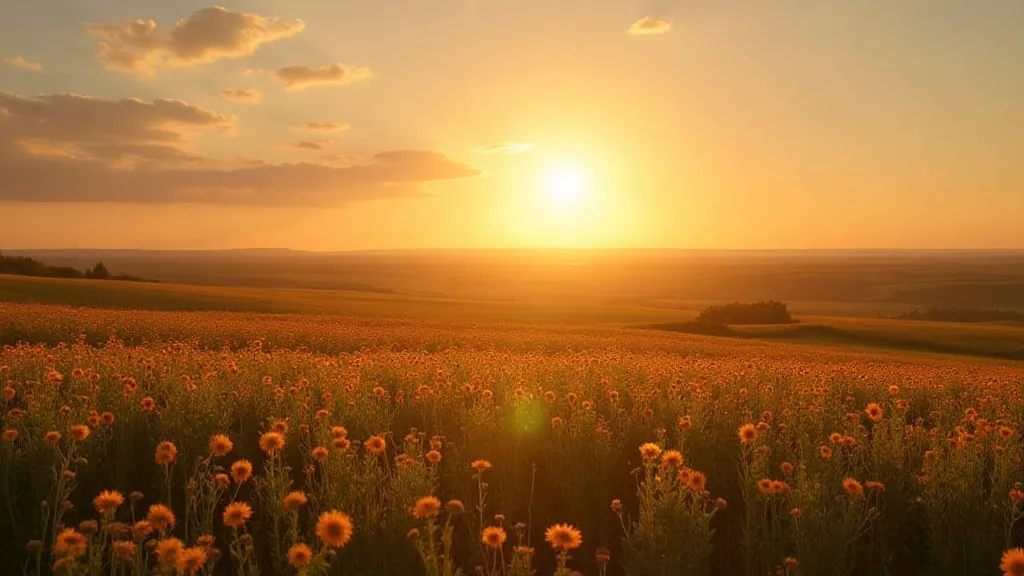 A vibrant sunset over a vast prairie landscape, with wildflowers in the foreground.