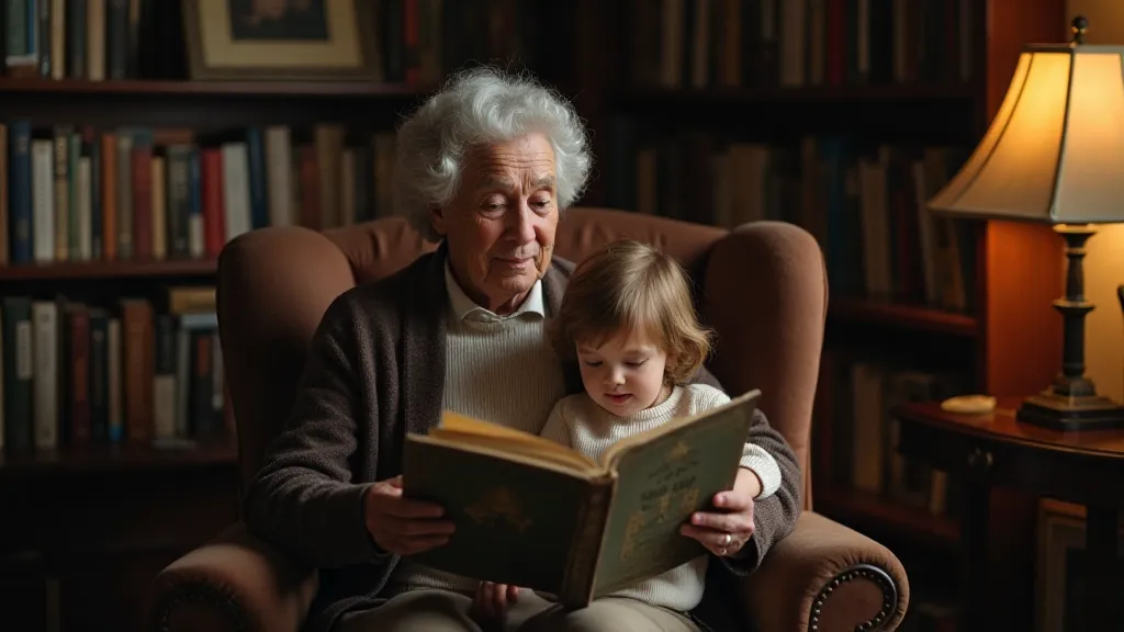 An elderly woman reading a vintage nursery rhyme to a child