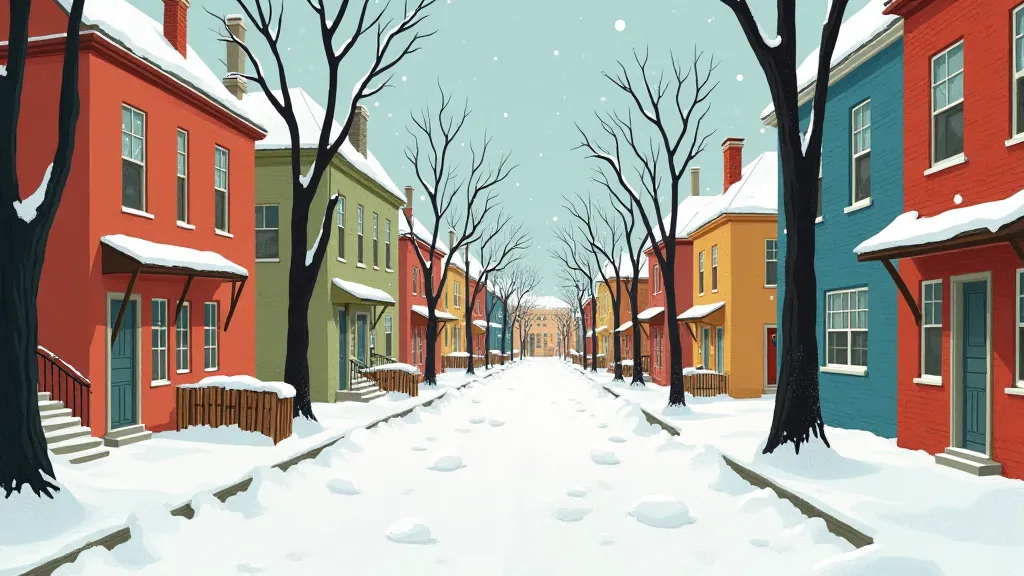 A vibrant cityscape with fresh snowfall, capturing a winter scene from a child's perspective.